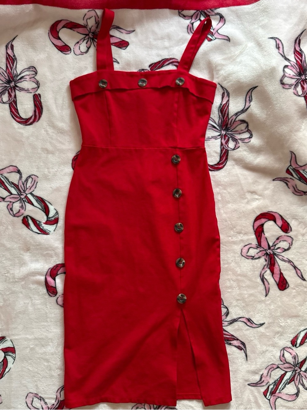 Stella Luce red strap buttons midi slit dress S-M